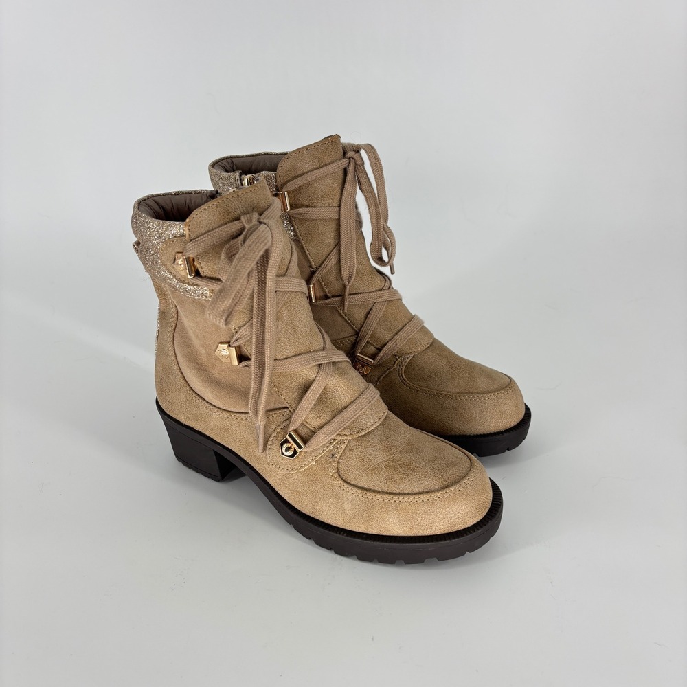 Kenneth Cole Terri Hiker Boots Cognac Kids Size 2 Lace Up Low Heel Lug Sole
